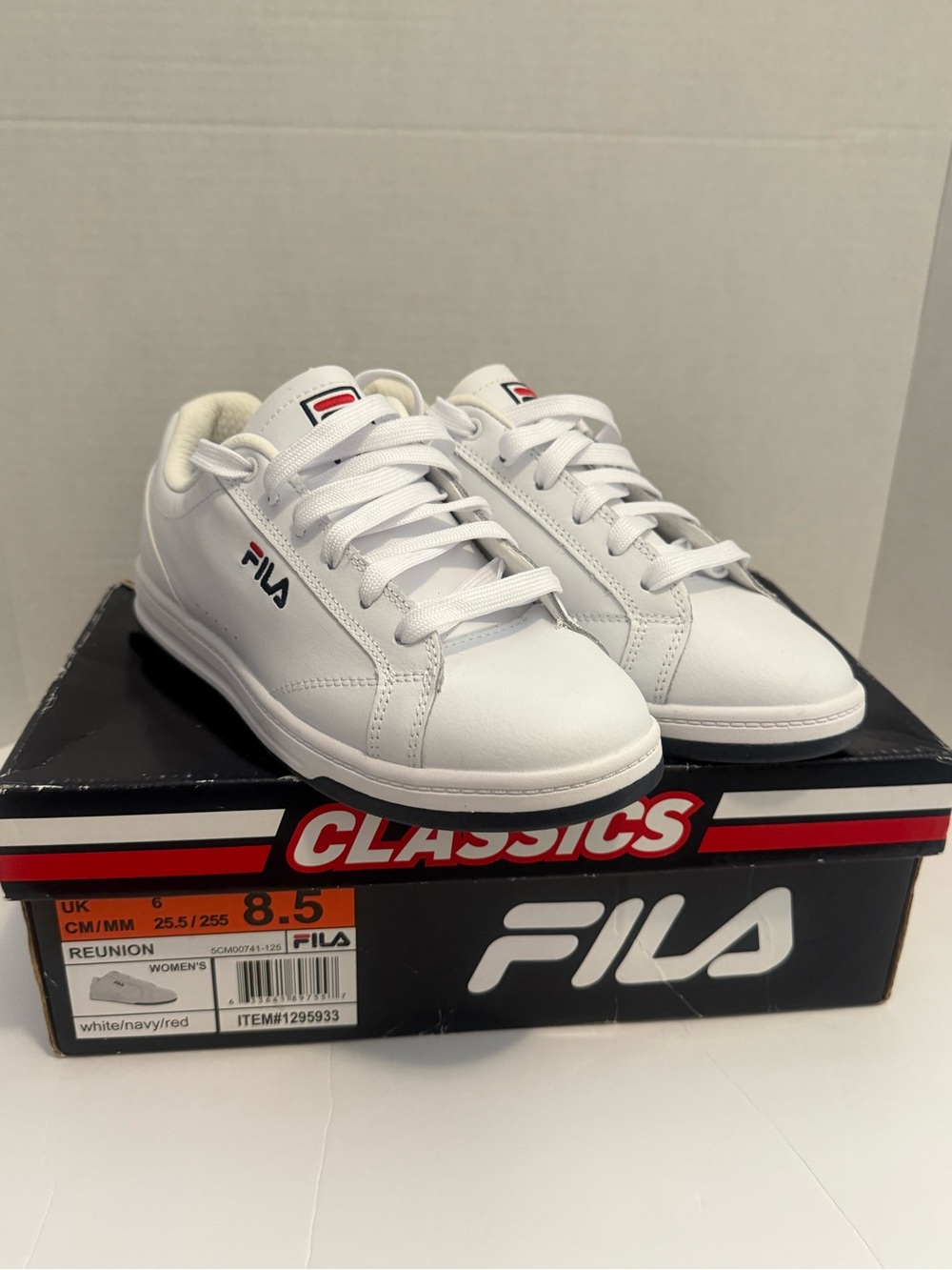 Fila Classic White Sneakers with Navy and Red Accents